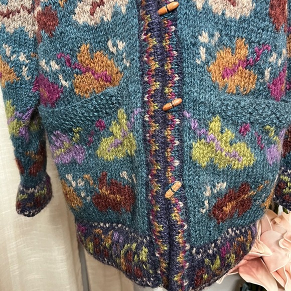 Newari 100%‎ Wool Handknit Cardigan Sweater Jacket Lined Floral Nepal Size Small - Picture 6 of 16